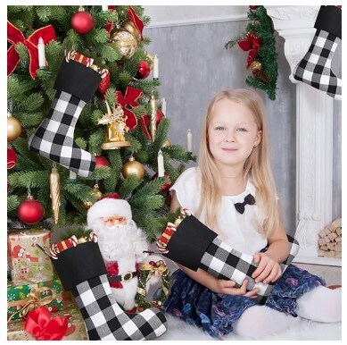 8 Pack Buffalo Plaid Christmas Stockings, 18 Inch Buffalo Plaid Christmas Stockings Large Personalised Stocking Decorations for Family Xmas Holiday Party (Black and White Plaid)