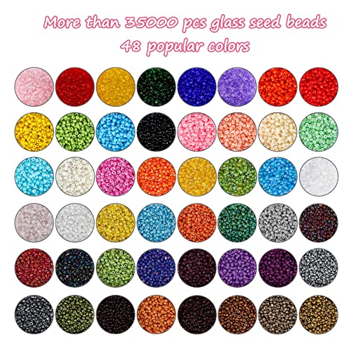 35000 pieces 2mm Glass Seed Beads for Jewelry Making Kit, 250pcs Alphabet Letter Beads, Tiny Beads Set for Bracelets Making, DIY, Art and Craft with Rolls of Elastic String Cord, Charms and Rings