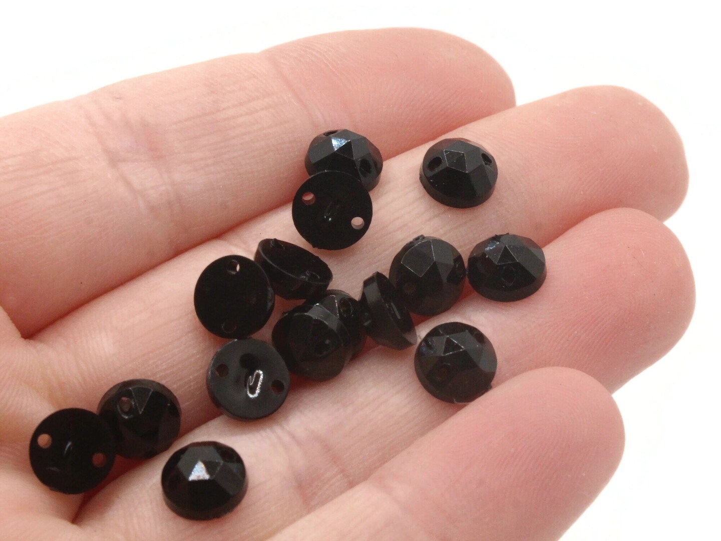 55 7mm Faceted Round Black Sew On Plastic Vintage Cabochons
