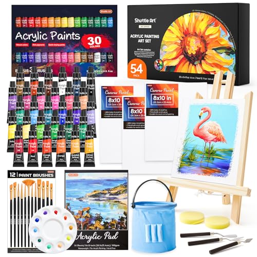 Shuttle Art 54 Pack Acrylic Paint Set, Acrylic Painting Set with 30 Colors Acrylic Paint, Wooden Easel, Painting Canvas, Paint Brushes, Palette, Art Painting Supplies for Kids Adults Beginner Artists