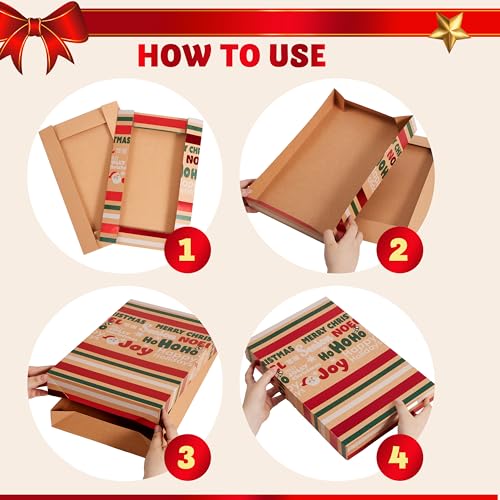 JOYIN 12 Pcs Christmas Aluminum Foil Kraft Paper Gift 3 sizes Boxes with Base, Xmas Shirt Wrap Box, Holiday Present Box for Birthday Party Favors Decorations Gift-Giving, 12 Design