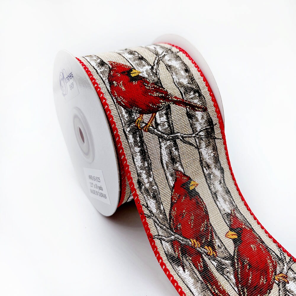 Designer&#x27;s Shop WR 63-5125 Red Cardinals on branches wired edge ribbons, 2.5&#x22; x 10 yard, Spring Summer Ribbon