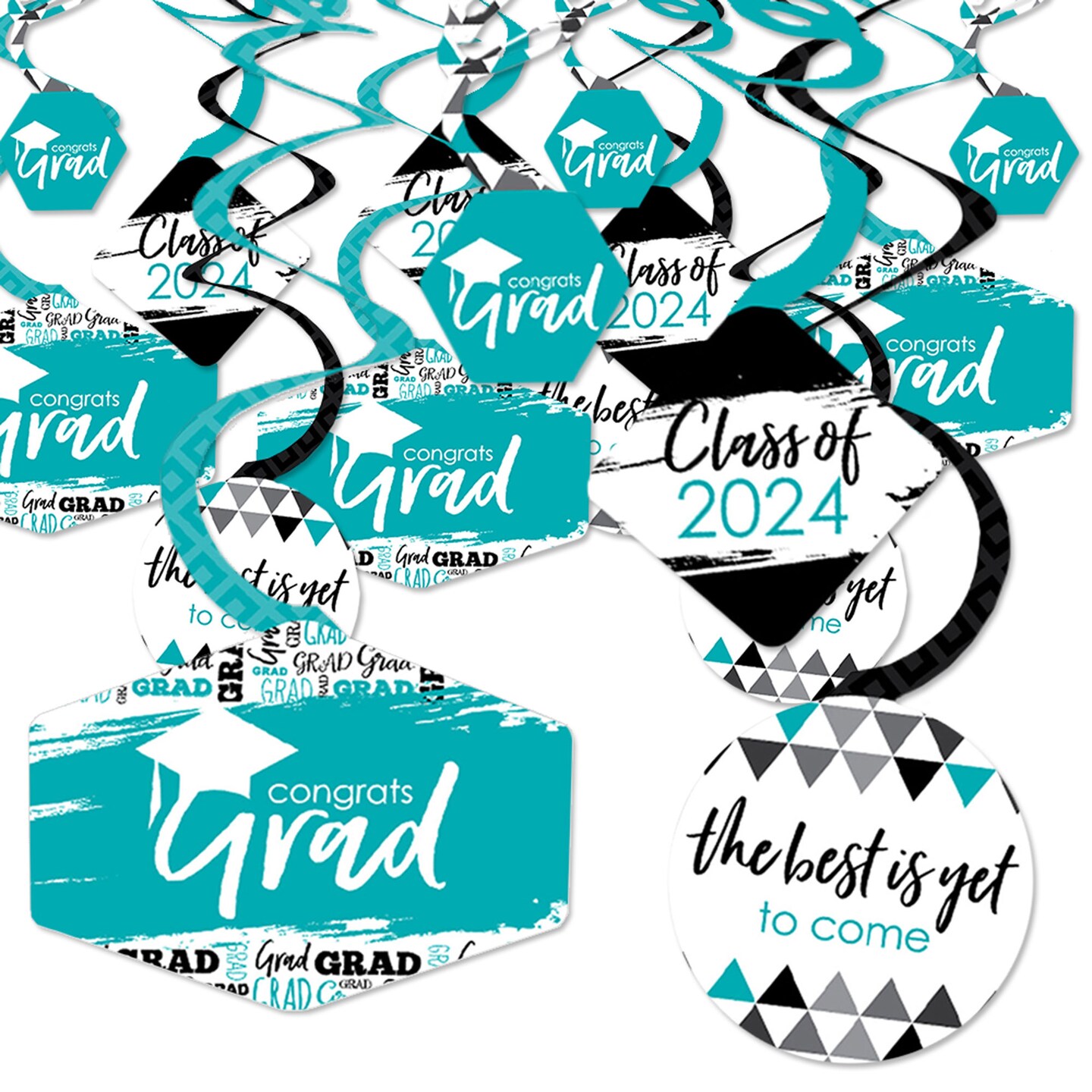 Big Dot of Happiness Teal Graduation Class of 2024 Decorations Hanging Swirls - Set of 40
