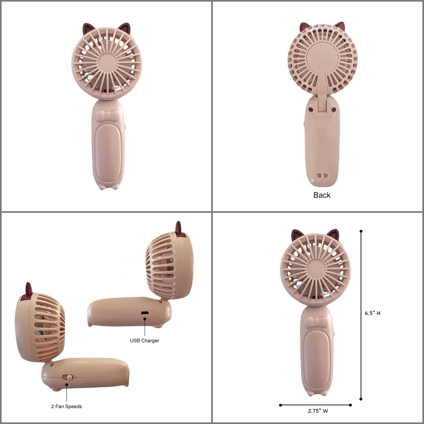 Wrapables Mini Portable Handheld and Desktop Rechargeable USB Fan, Pink Cat