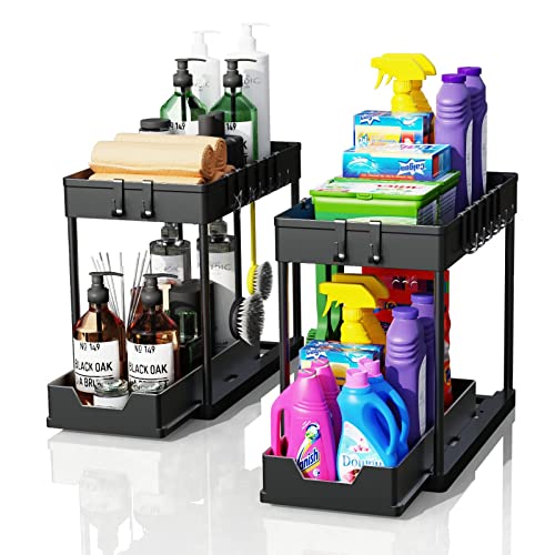 2 Pack Under Sink Organizers and Storage With Sliding Storage Drawers  Basket,2 Tier Bathroom Organizer Under Sink,Kitchen Cabinet Organizers And Storage  Rack With Hooks,The Bottom Can Be Pull Out