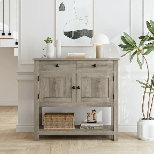 Farmhouse Console Table with 2 Drawers and Doors Gray Foyer Table with Wood Coffee Bar Sideboard for Entryway Dining Room