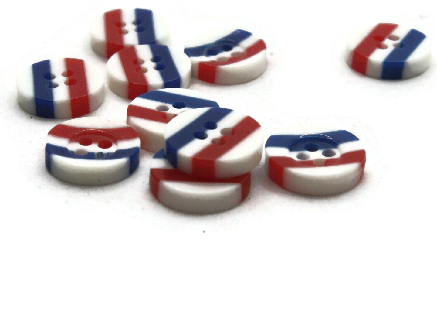 10 13mm Blue White and Red Striped Resin Flat Round Plastic Four Hole Buttons