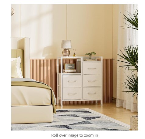 A small chest of drawers with a two-tier side shelf, a white dresser with five storage bins, and fabric tower furniture for the living room, bedroom, foyer, dorm room, and closets.