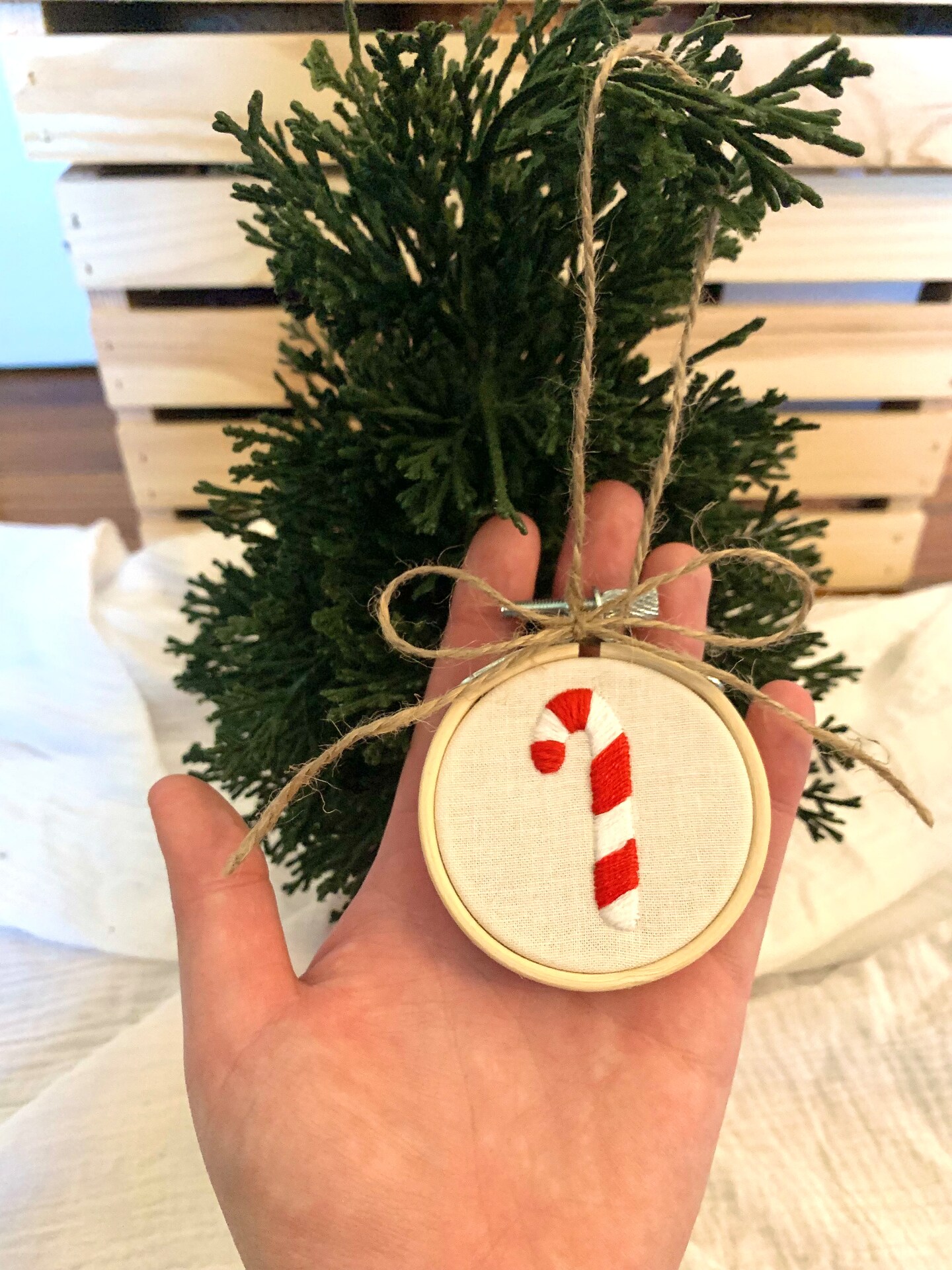 Hand-Embroidered Christmas Ornaments, Rustic Twine Mini Hoop Holiday Decor
