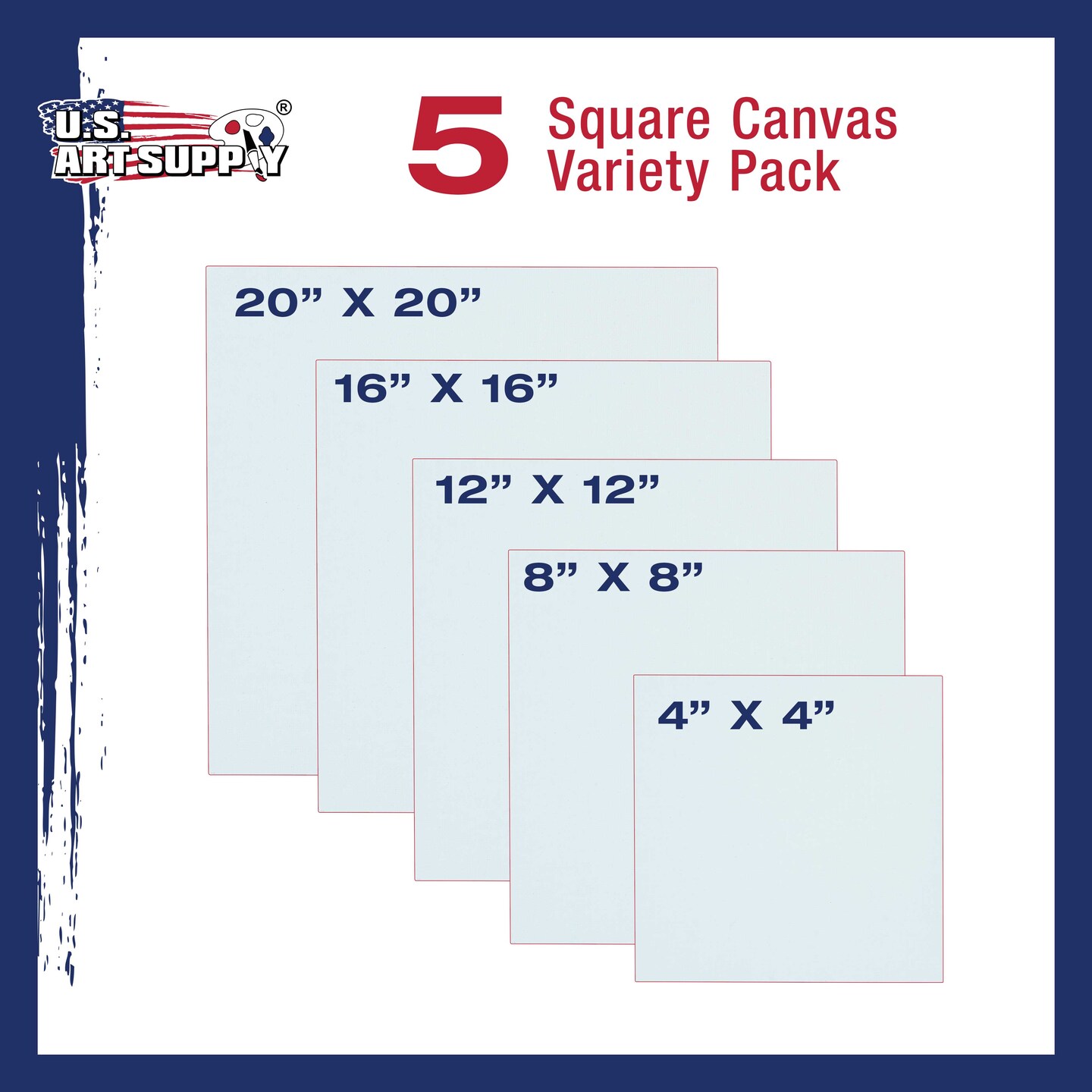 5 Assorted Square Sized Stretched Artist Paint Canvases (5 Pack) 1-each of  20x20, 16x16, 12x12, 8x8, 4x4