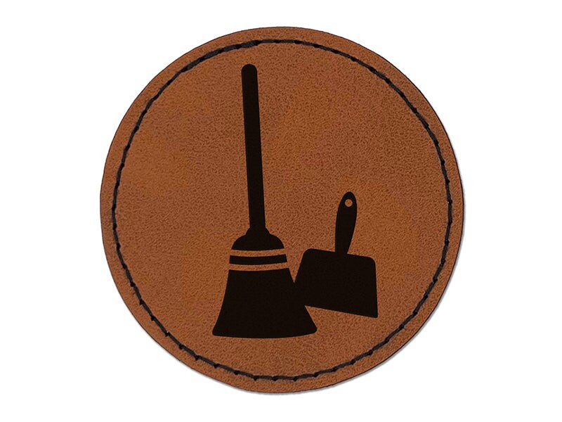 Broom and Dustpan Cleaning Round Iron-On Engraved Faux Leather Patch Applique - 2.5&#x22;
