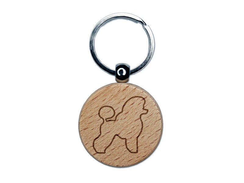 Miniature Poodle Dog Outline Engraved Wood Round Keychain Tag Charm