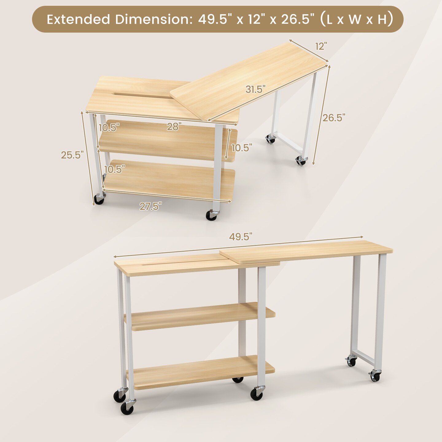 Rotating Sofa Side Table with Wheels Sliding Laptop Desk with Storage Shelves for Small Spaces