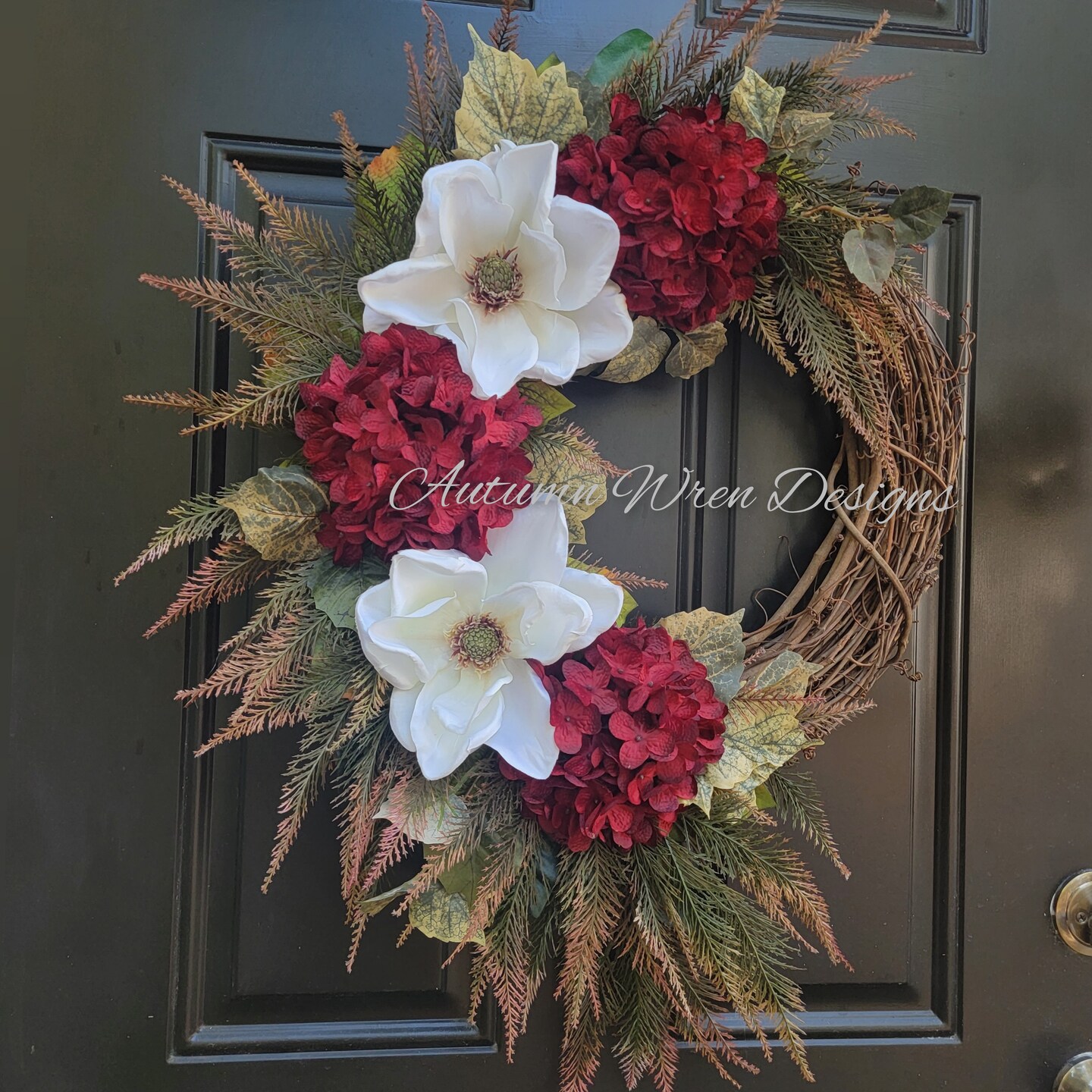 Marbled Hydrangea Christmas Wreath; Holiday Door Wreath; Christmas Front Door store Decoration; Deep Red, Cream, Green; Christmas Porch Decor