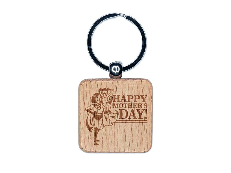 Happy Mother&#x27;s Day Superhero Mom with Cape Engraved Wood Square Keychain Tag Charm