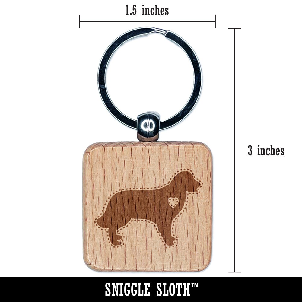 Golden Retriever Dog with Heart Engraved Wood Square Keychain Tag Charm