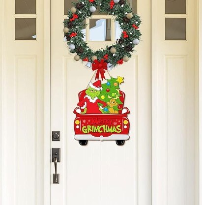 Christmas Door Hanging Sign Decorations, Merry Grinchmas Truck Wreath for Front Door, Wooden Door Signs of a Christmas Tree with a Dog Porch Wall Indoor Outdoor Holiday Decorations