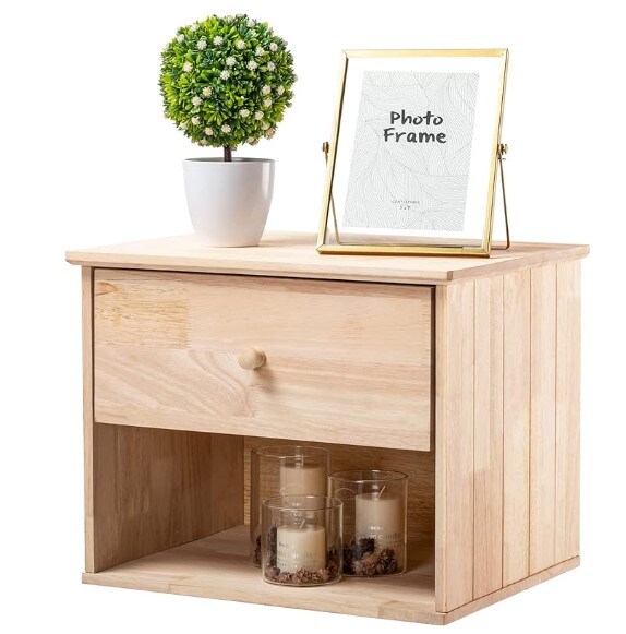 Unfinished Natural Solid Wood Floating Nightstand for Bedroom, Farmhouse Night Stand Wall-Mounted Nightstand/Bedside Table for Small Space Color DIY