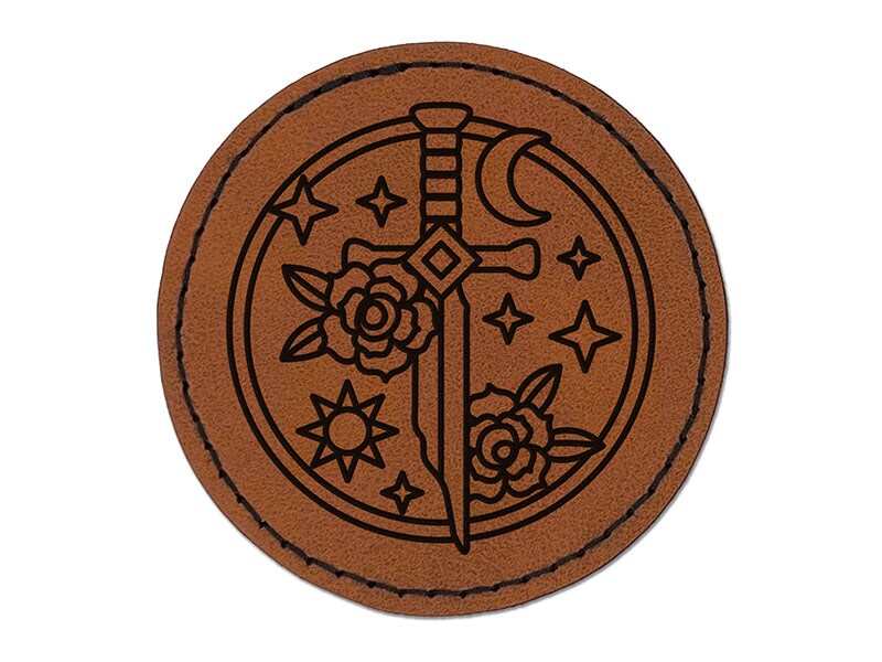Broken Magical Sword Round Iron-On Engraved Faux Leather Patch Applique - 2.5&#x22;