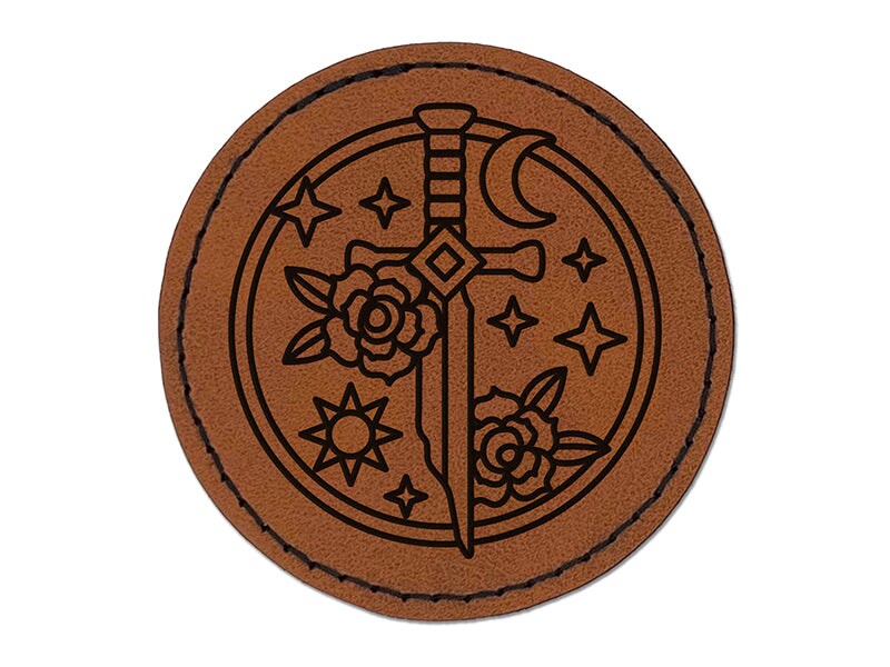 Broken Magical Sword Round Iron-On Engraved Faux Leather Patch Applique - 2.5"
