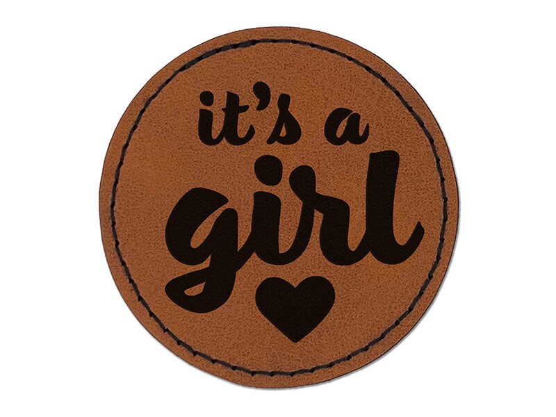 It&#x27;s a Girl Baby Shower Party Round Iron-On Engraved Faux Leather Patch Applique - 2.5&#x22;