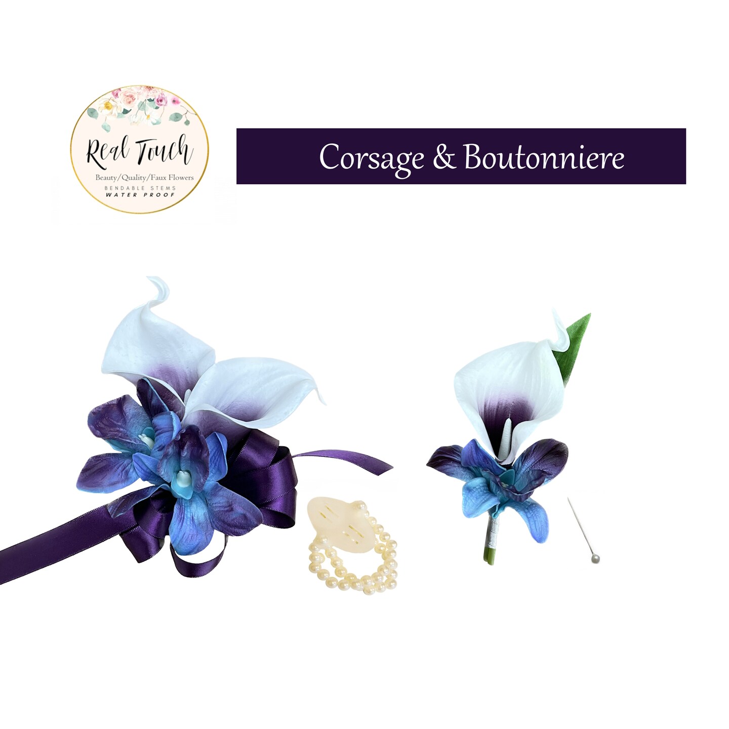 Set of 2- Wrist Corsage And Boutonniere-Real Touch Calla Lily Plum