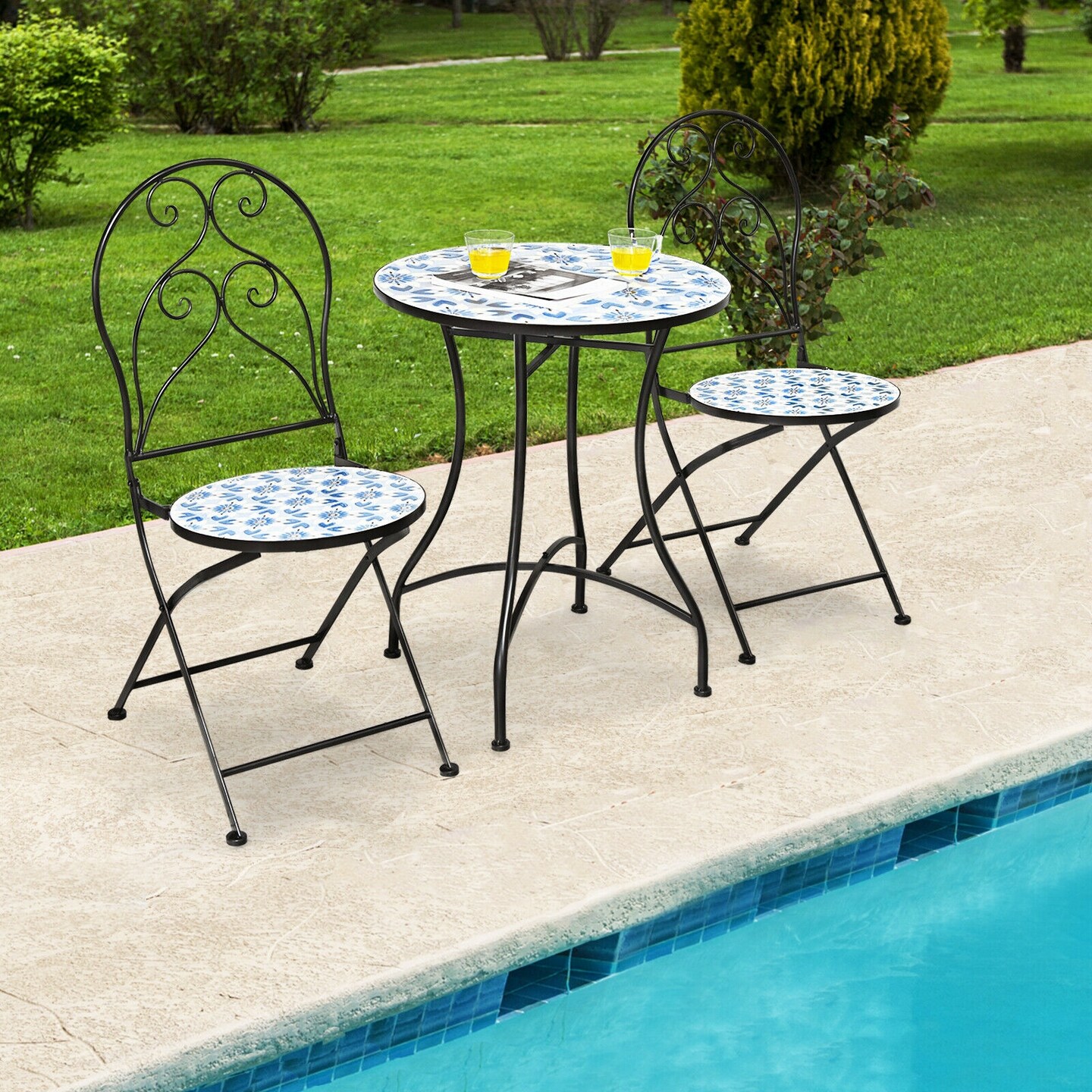 Patio Mosaic Bistro Round Table with Blue Floral Pattern