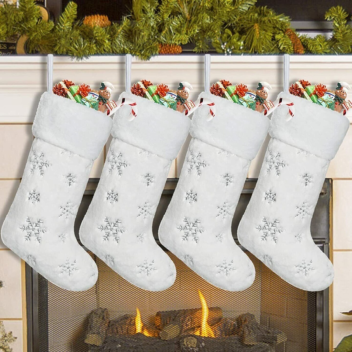 Set of 4 White Christmas Stockings 21" with Faux Furry Silver Large Snowflake