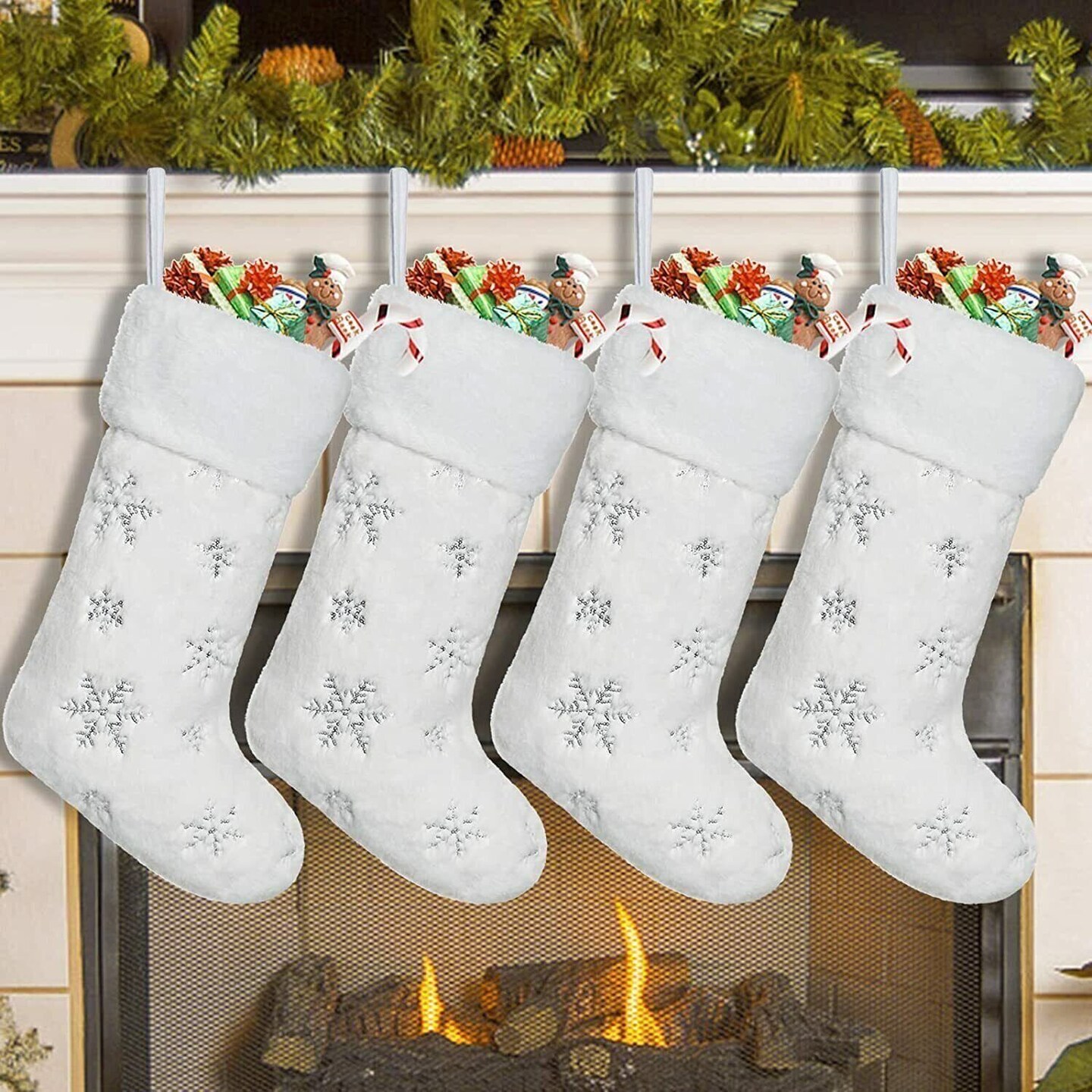 Set of 4 White Christmas Stockings 21&#x22; with Faux Furry Silver Large Snowflake