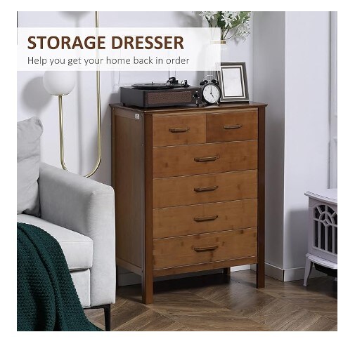Bedroom Tall Dresser, Six-Drawer Dresser, Drawer Chest with Bamboo Frame, Brown
