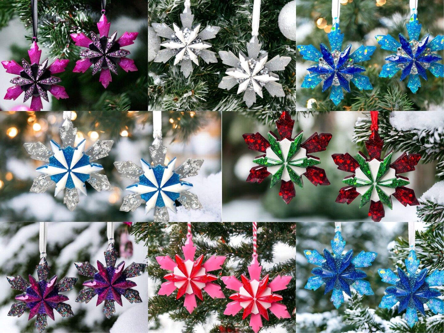 3D Geometric Snowflake Ornaments, Various Styles