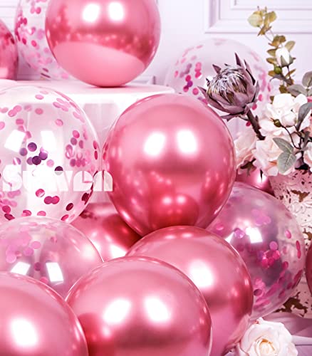 47 Pieces Metallic Hot Pink Balloons and Confetti Balloons Set Latex Helium Chrome Magenta Balloon for Birthday Graduation Anniversary Party Decorations