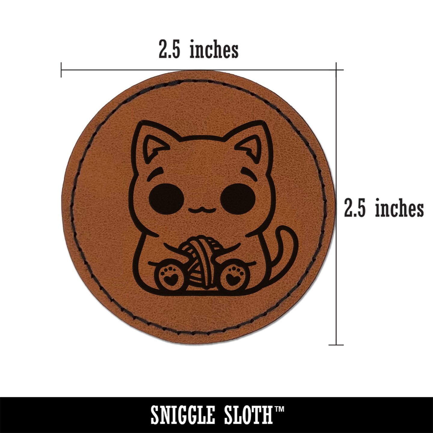 Content Kawaii Chibi Sitting Cat with Ball of Yarn Round Iron-On Engraved Faux Leather Patch Applique - 2.5&#x22;