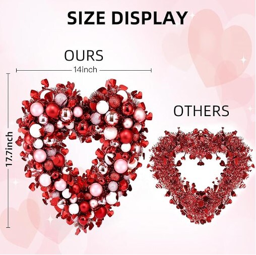 Valentines Day Red Pink White Heart Wreath with Tinsel Red Balls Decorations for Front Door Wedding Party Anniversary Wall Decor Gift Girlfriend Mother&#x27;s Day 17.7&#x27;&#x27; Heart Shaped Wreath