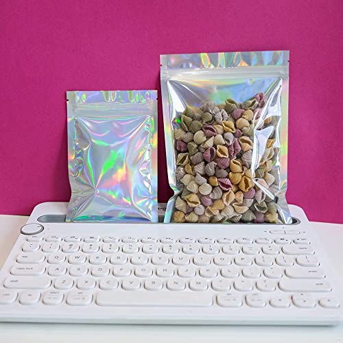 100 Pieces Mylar Holographic Resealable Bags - 4 x 6&#x22; Smell Proof Bags, Foil Pouch Ziplock Bags for Party Favor Food Storage (Holographic Color, 4 x 6 Inch)