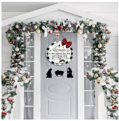 Christmas Nativity Scene Front Door Hanger Christmas Wooden Door Wreath Welcome Sign Xmas Wooden Wall Hanging Decor for Front Door Wall