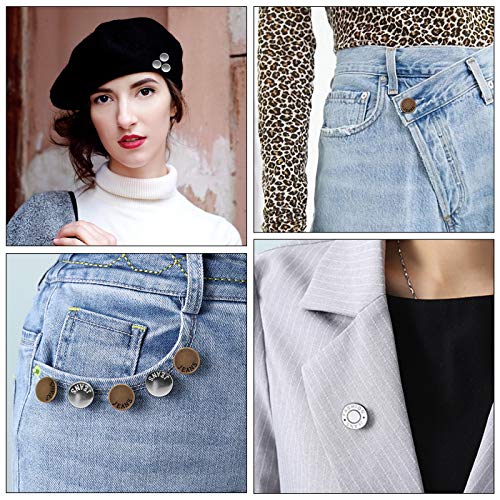 8 Sets Button Pins for Jeans Pants, No Sew Perfect Fit Jean Button Tightener Replacement Adjustable Reusable Metal Clips Snap Tack, Instant Reduce Too Big Pants Waist