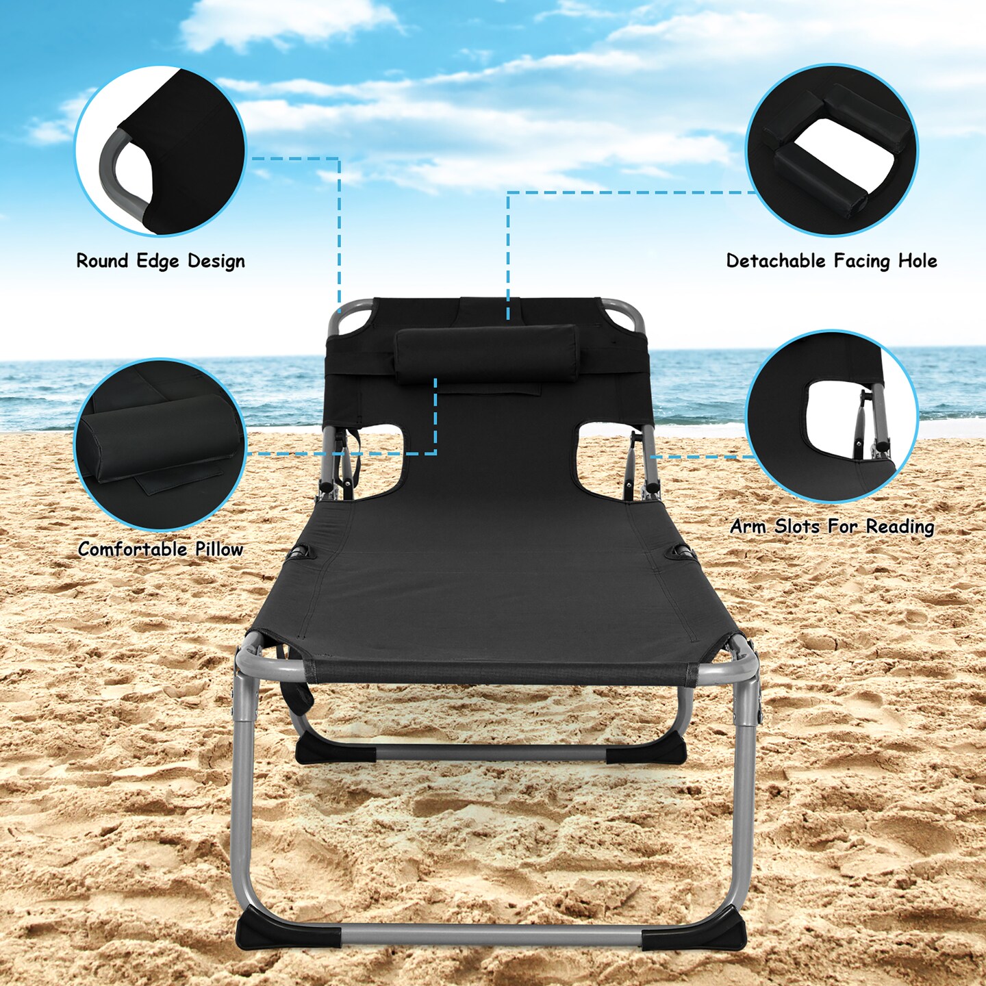 Goplus Outdoor Beach Lounge Chair Folding Chaise Lounge with Pillow Blue\Blue&Green\Black\Grey\Turquoise\Pink\Beige\Light Pink