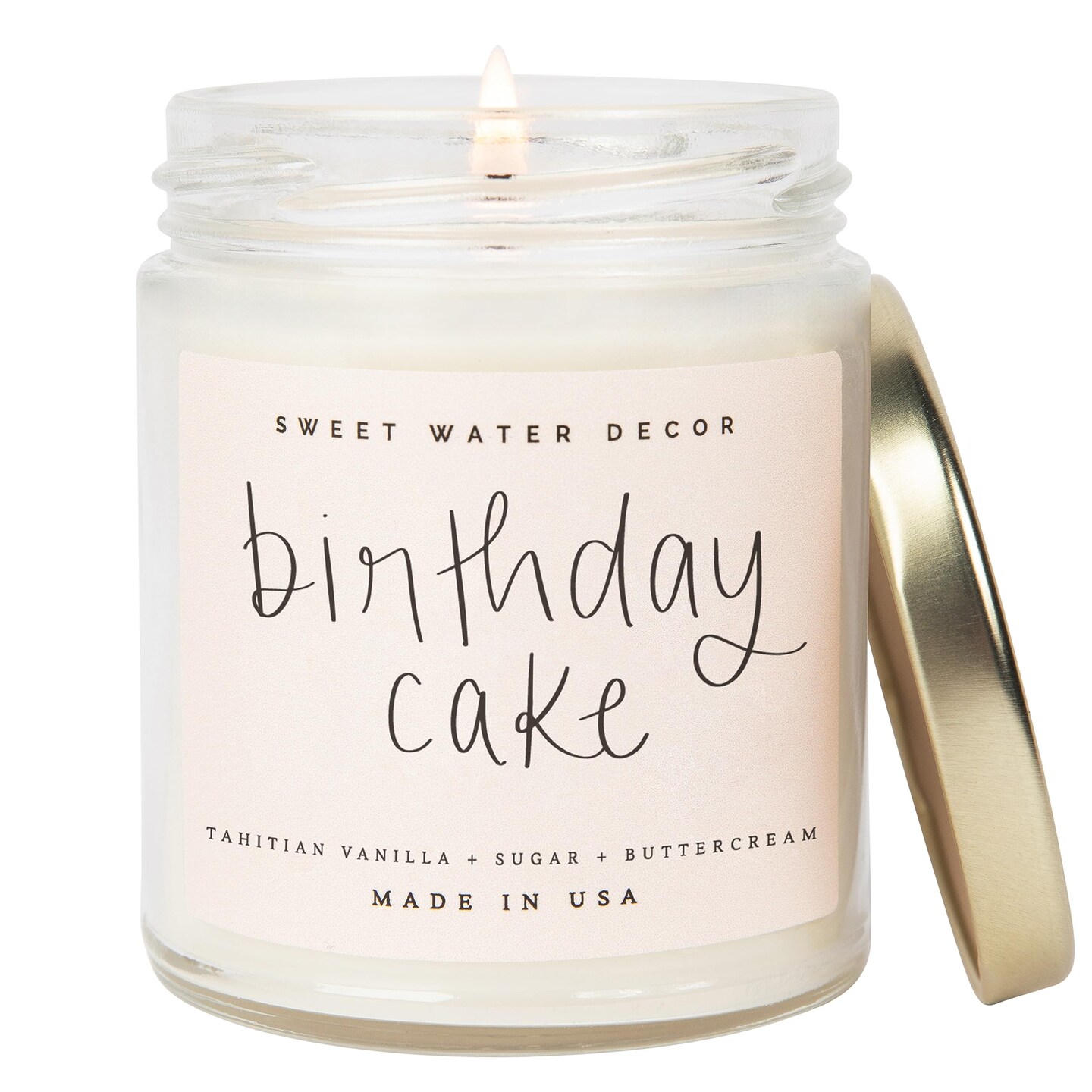 Sweet Water Decor Birthday Cake Candle, Tahitian Vanilla, Powdered Sugar, and Buttered Rum Scented Soy Wax Candle for Home | 9oz Clear Jar, 40 Hour Burn Time, Made in the USA