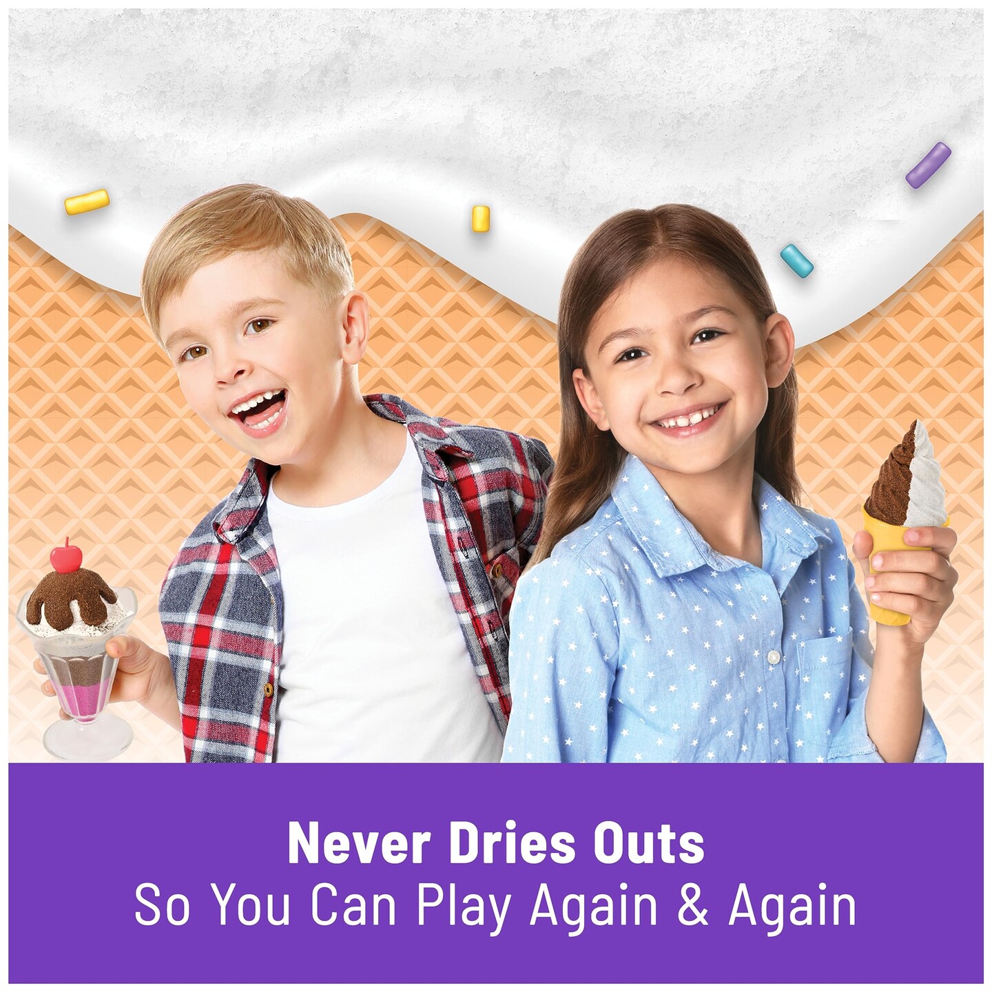 Kinetic Sand Scents, Ice Cream Treats Playset with 3 Colors of All-Natural Scented Play Sand & 6 Serving Tools, Sensory Toys, Christmas Gifts for Kids