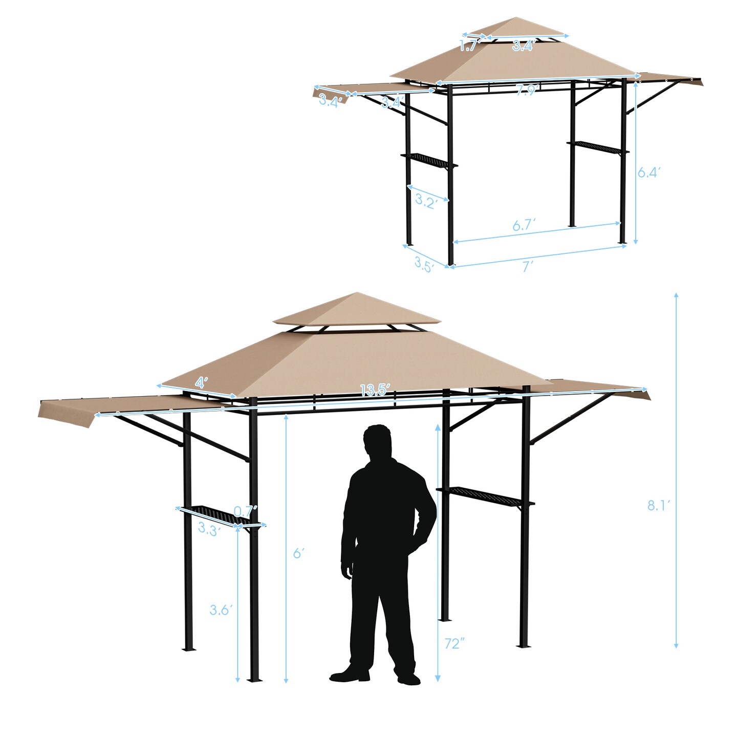 Patio BBQ Grill Gazebo Canopy with Dual Side Awnings