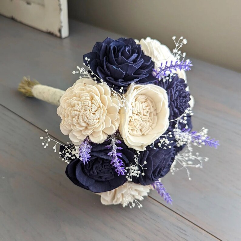 Navy and Ivory Sola Wood Flower Bouquet with Lavender and Baby's Breath