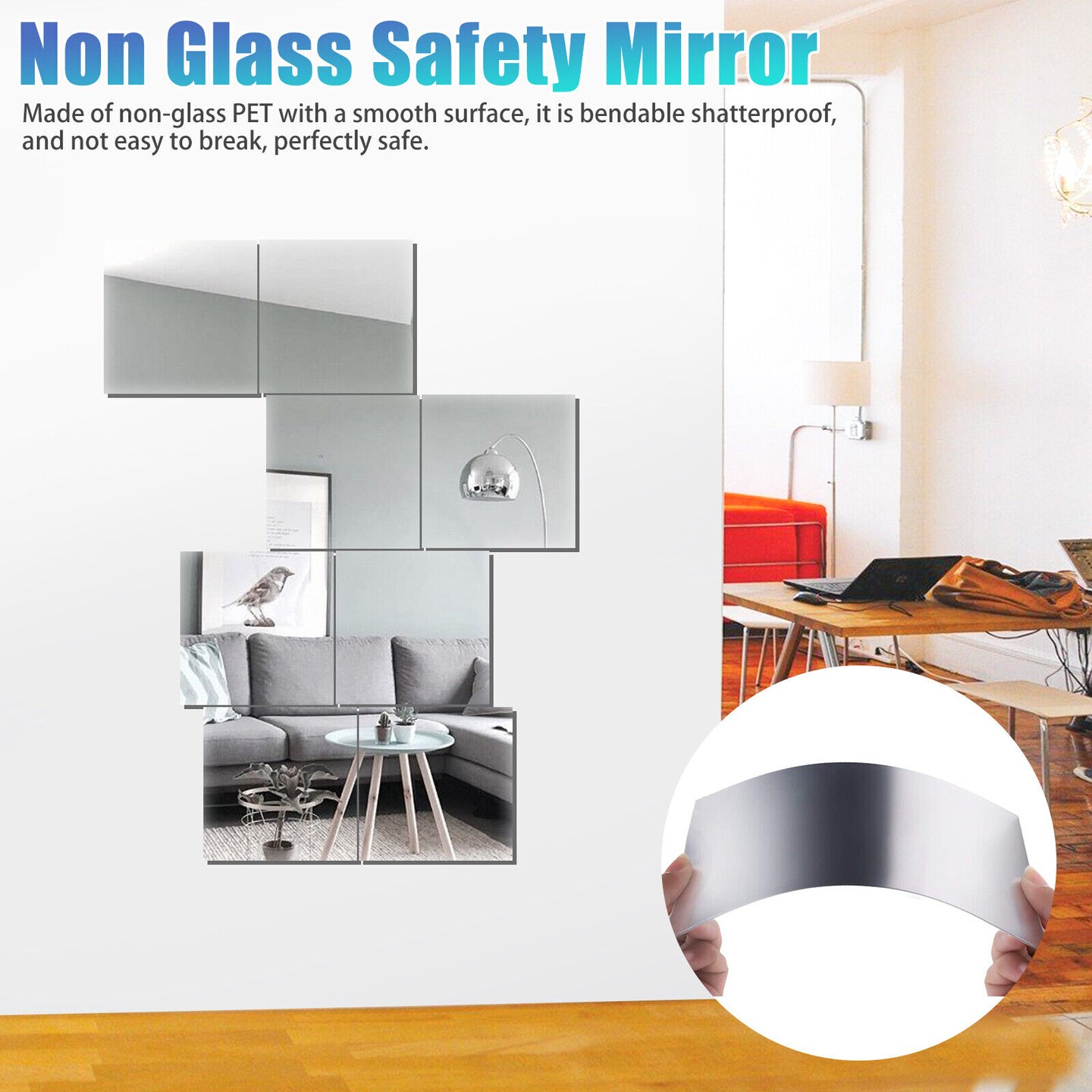 12Pcs Self-Adhesive Mirror Sheets for Reflective Home Wall Decor