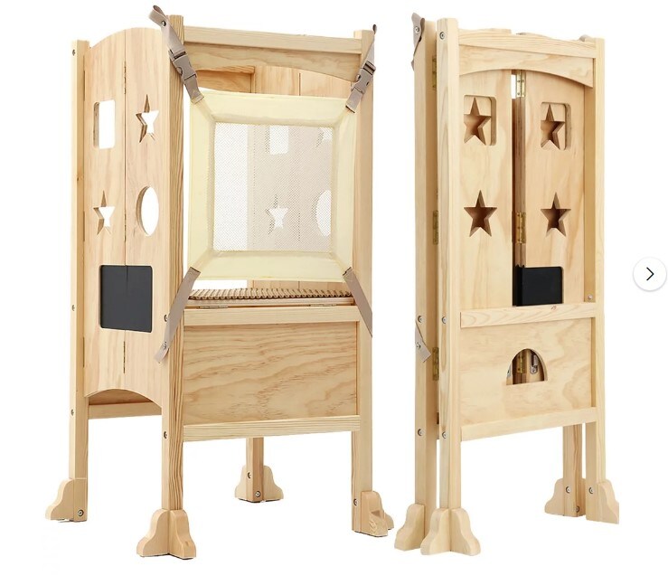 Foldable Kitchen Step Stool Assist for Toddlers, Height-Adjustable Safe Cooking Stool Tower for Toddlers