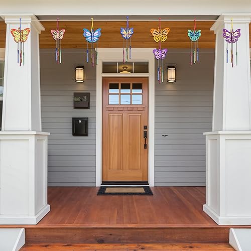 Fennoral 8 Pack 3D Butterfly Wind Chime Kit for Kids Make Your Own Butterfly Wind Chime Wooden Arts and Crafts for Kids Ornaments DIY to Paint Butterfly Craft for Spring Art Activity Birthday Party