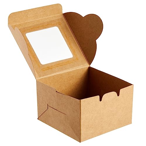 25 Pack Mini Cake Boxes with Display Window for Gift Giving, Bakesale, Cupcakes, Dessert, Cookies, Pie, Macaroons, Donuts, Pastry, Kraft Paper Material (4x4x2.5 in)