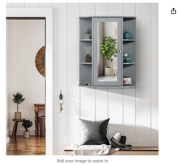 Storage Organizer with Mirror Door, Adjustable Shelves &#x26; 6 Open Racks, Space-Saving Hanging Medicine Cabinet for Living Room Kitchen Entryway (Gray)