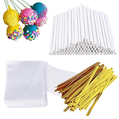 300 Pcs Cake Pop Sticks and Wrappers Kit, Including 100ct 6-Inch Paper Lollipop Sticks, 100ct Clear Candy Treat Bags Parcel, 100ct Gold Twist Ties