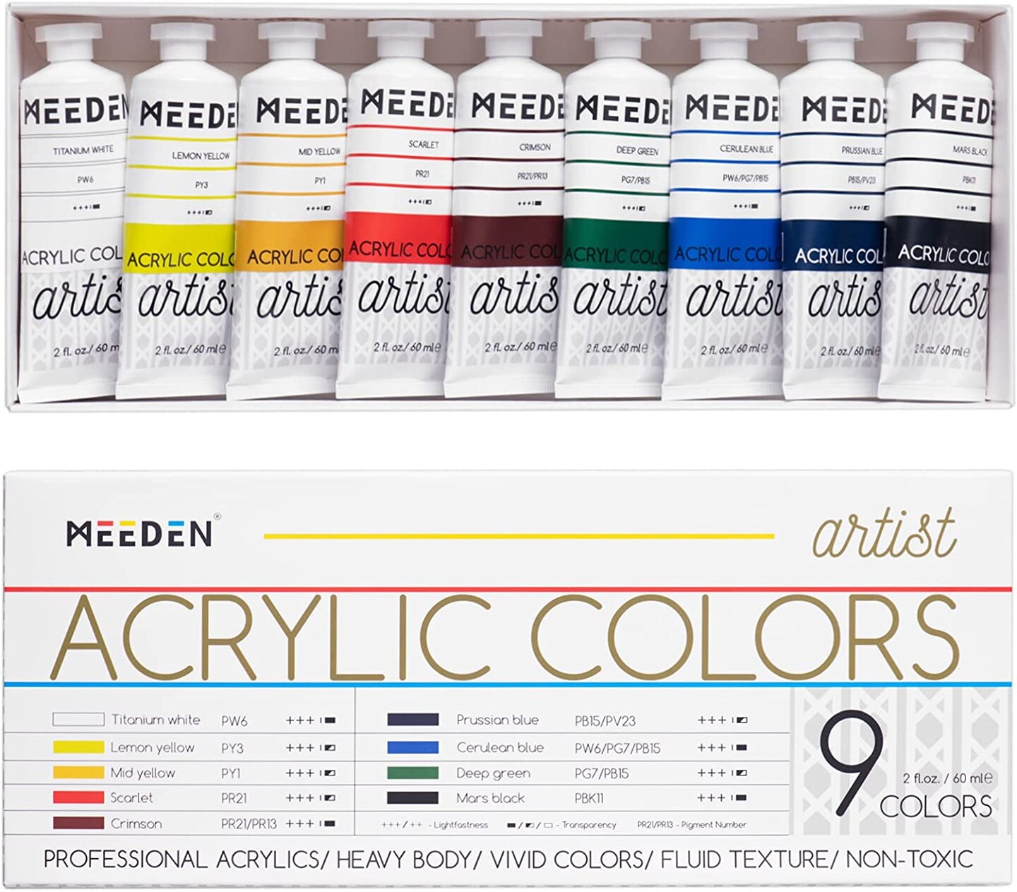 MEEDEN Professional Acrylic Paint Set, Artist Grade Acrylic Paint Tubes, Heavy Body Acrylic Paints for Adults, Art Supplies for Canvas Painting, 2 oz* 9 Tubes