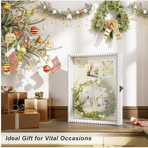 Deep Large Shadow Box Display Case with Unique Beads Door and Glass Window, Wood Memory Box for Pictures,Medals,Memorabilia,Collections White 11x14